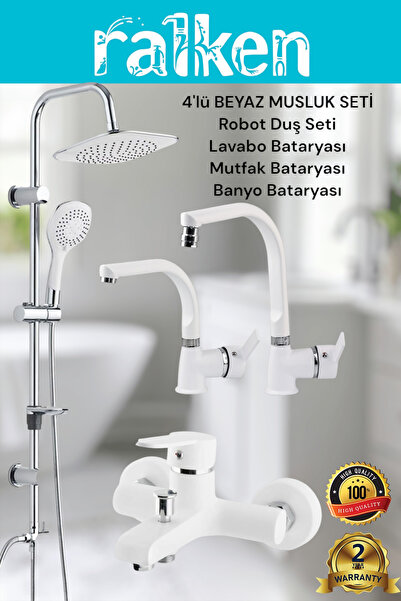 RALKEN Lüx Beyaz 4’lü Banyo Seti Robot Tepe Duş, Banyo, Lavabo, Eviye Mutfak ...