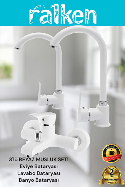 RALKEN Delta Beyaz 3’lü Musluk Seti Banyo, Baston Borulu Lavabo ve Eviye Mutf...