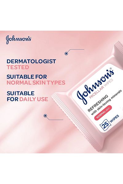 Johnson & Johnson مناديل جونسون ميسيلار لتنظيف البشرة العادية، 25 منديلًا، لإزالة المكياج بلطف وتنظيف منعش