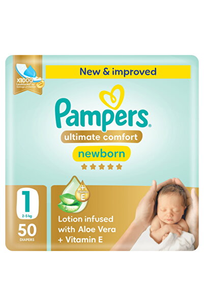 Pampers حفاضات ألتيميت كومفورت بشريط لاصق، مقاس 1، 2-5 كجم، 50 قطعة، حماية لطيفة، مانعة للتسرب وجفاف طوال اليوم