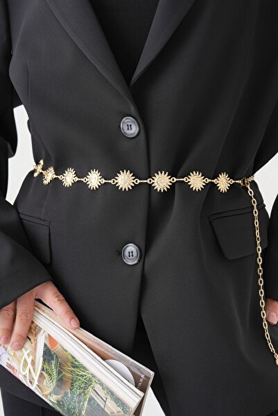 Kemerix Women's Sun Detailed Original Non-Tarnish Gold Chain Belt