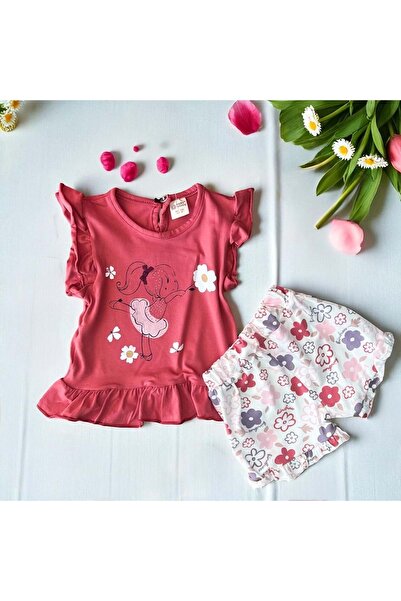 atabay Daisy Printed Shorts Girl's Set Pomegranate Flower