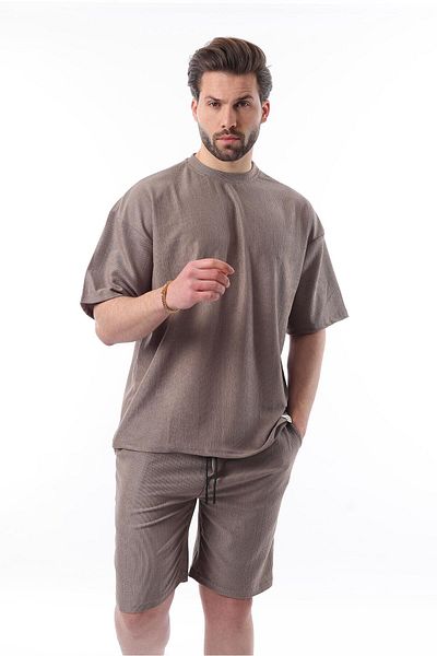 Madmext Кафяв комплект мъжки шорти с кръгла яка 5949