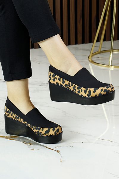 Erkan Saçmacı Sofia Black Leopard Stretch Round Toe Wedge Heeled Casual Shoes