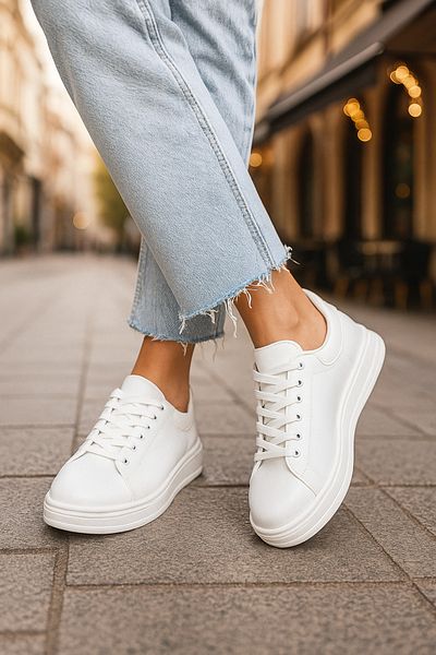 İmerShoes Pantofi sport albi pentru femei de zi cu zi, cu șireturi, confortabile, ușoare, cu talpă groasă 525 g
