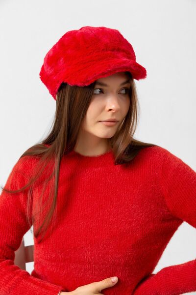 Luminos Butik Kırmızı Kalın Tüylü Kışlık Şapka Sıcak Tutan Pofuduk Kürk Dokulu Aksesuar Spk1128