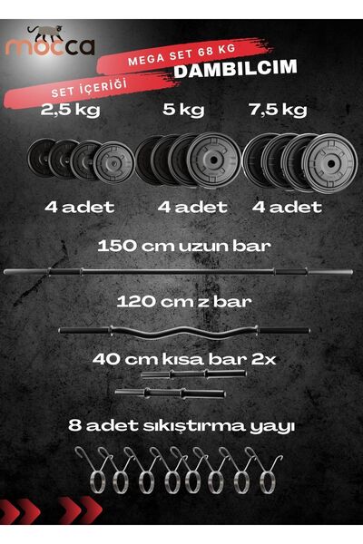 Mocca Style 68 Kg Z-barlı Megaset Halter Seti Ve Dambıl Seti, Uzun Bar 150 Cm Ağırlık Seti ,fitness Seti