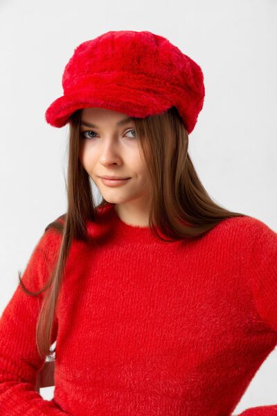 Luminos Butik Kırmızı Kalın Tüylü Kışlık Şapka Sıcak Tutan Pofuduk Kürk Dokulu Aksesuar Spk1128