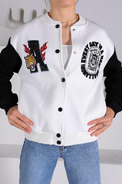 Sparrow Laurel Siyah Beyaz Bomber Yaka Oversıze Çıtçıtlı Polar Kolej Bomber Ceket (üç Iplik Şardonlu)
