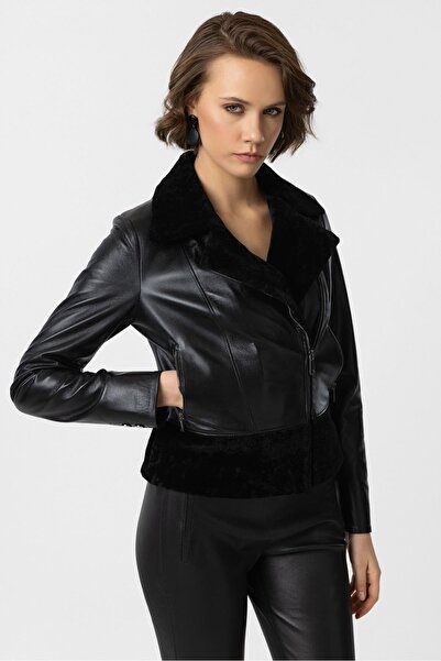 Deriderim Siyah Wendy Yandan Fermuarlı Kürk Yaka Biker Kadın Kısa Hakiki Deri Ceket
