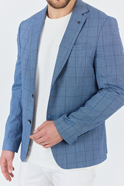 Frappoli Merillon Erkek İndigo Ekose Polyester Kumaşlı Spor Blazer Ceket
