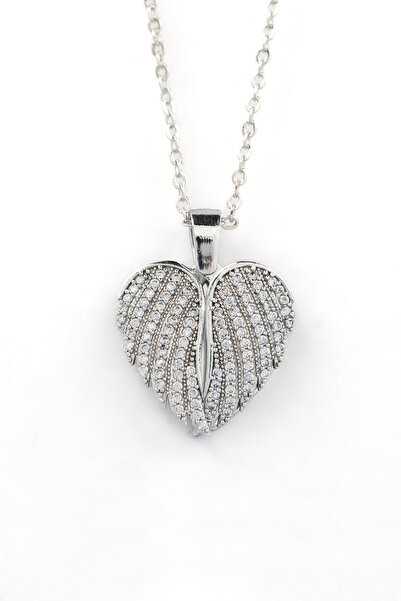 Bijuty Kadın Melek Kanadı Kalp Zeminli İsim Yazılan Kolye - Gümüş Renk -