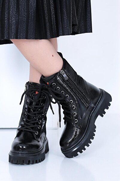 lady classy Kız Çocuk Rugan Paraşüt Detaylı Bağcıklı Ve Fermuarlı Bot