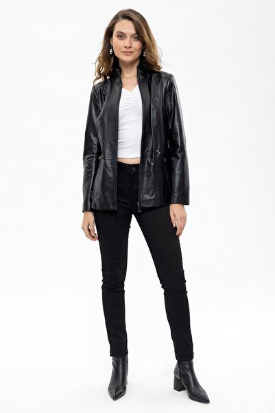 Deriderim Black Aden Zippered Lined Women's Genuine Leather Jacket with Drawstring Waist