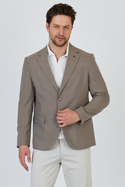 Frappoli Tadic Men's Beige Patterned Stretching Fabric Slim Fit Cover Pocket Half Lining 4 Season Blazer Jacket