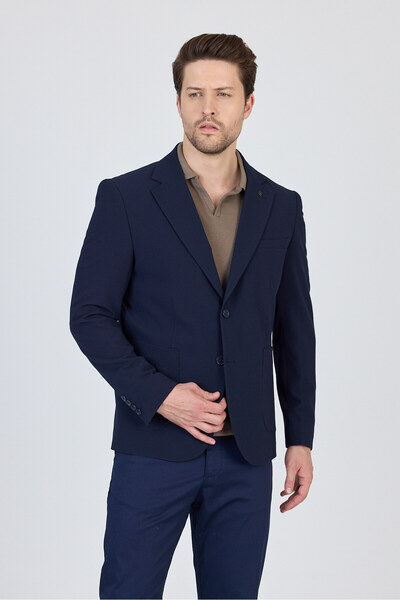 Frappoli Lucos Erkek Lacivert Yarım Astar Torba Cep Likralı Gofre Kumaşlı Spor Blazer Ceket