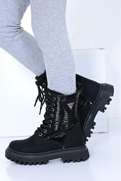 lady classy Fermuarlı Ve Bağcıklı Paraşüt Detaylı Deri Kız Çocuk Botu