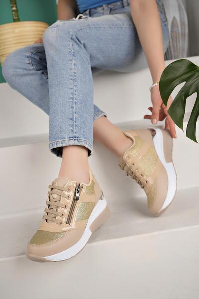 lady classy Kadın Fermuarlı Taşlı Rahat Kalıp Topuklu Spor Ayakkabı