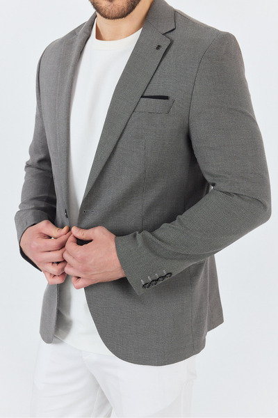 Frappoli Zenova Erkek Siyah-Gri Dokulu Poliviskon Kumaş Dar Kesim Slim Fit Spor Blazer Ceket
