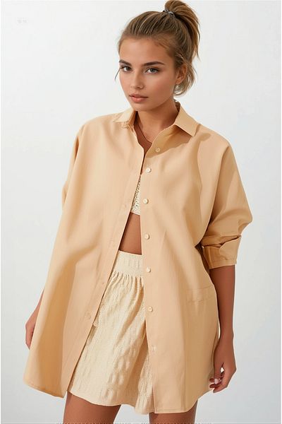 hazelin Γυναικείο Μπισκότο Oversize Μακρύ Βασικό Πουκάμισο Hzl22w-bd 139001