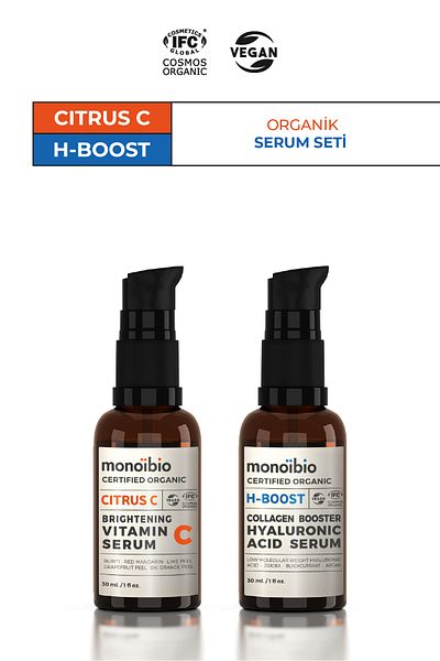 Monoibio حمض الهيالورونيك العضوي المعتمد - مجموعة سيروم فيتامين سي - مصل نهاري نباتي
