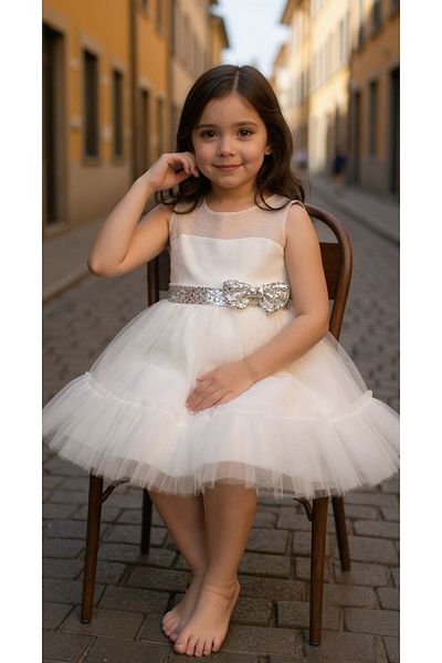 İ&K ŞIMARIK KİDS I&K Shimarik Ki̇ds Girls' Evening Dress with Pul Palette Detail on the Front