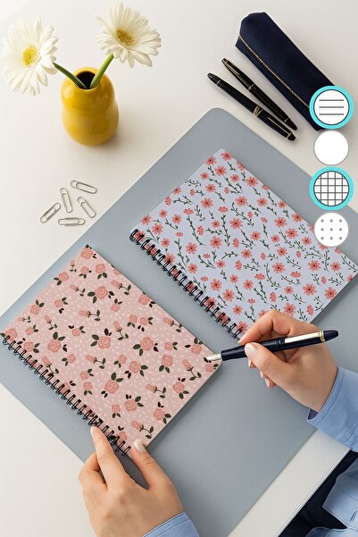 Eldesen Tasarım مجموعة دفاتر ملاحظات مربعة ومخططة، مقاس A5، 50 ورقة، 100 صفحة، مجموعة من قطعتين، زهور وردية