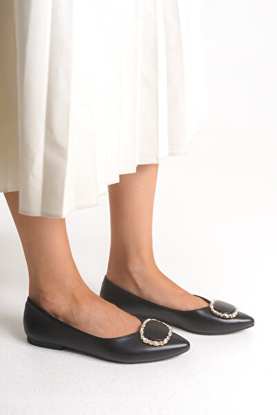 Ayakkabı Delisiyim Γυναικεία Μπαλαρίνα Μαύρη Semmy με μυτερή μύτη Άνετη ελαφριά ορθοπεδική σόλα με πέτρινα αξεσουάρ