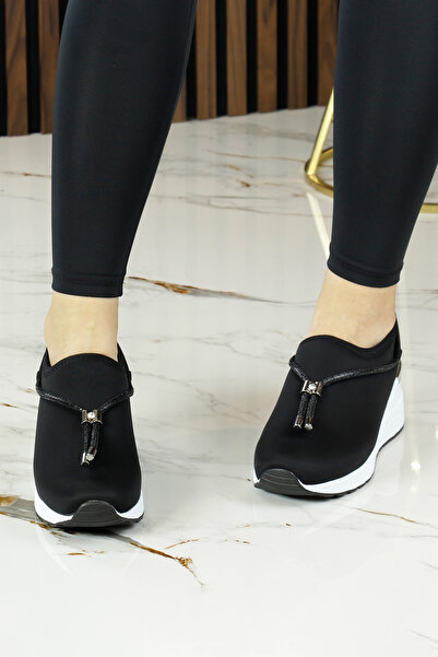 Erkan Saçmacı Ellie Black Stretch Chain Stone Buckle Metal Detailed Wedge Heeled Casual Shoes