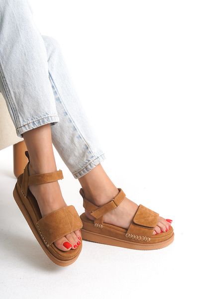 Ayakkabı Delisiyim Tan Brown Women's Sandals – Orthopedic, Thick Soled, Comfortable, Lightweight, Velcro, Summer