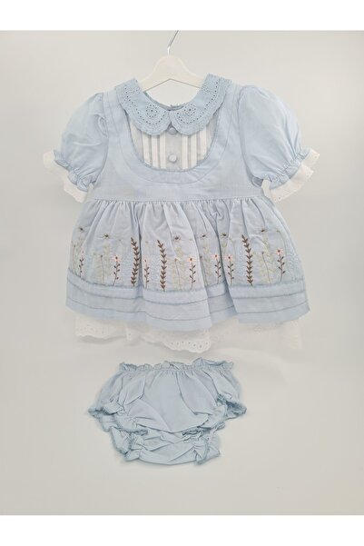 KIPIRIK BABY Kız Bebek Mavi Çiçek İşlemeli Fistolu Elbise Kilotlu Takım