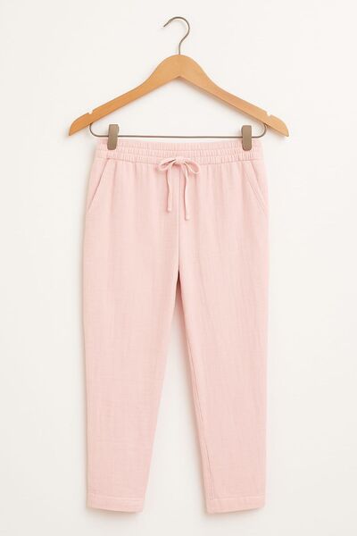 enmodaiçgiyim Light Pink 100% Cotton Muslin Fabric Women's Trousers – Narrow Leg, Pockets, Comfortable Fit Casual Trousers