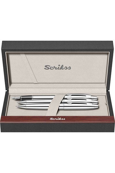 Scrikss 35 Fountain Pen + Ballpen + Versatile Triple Set Chrome (Lifetime Warranty-Luxury Boxed)