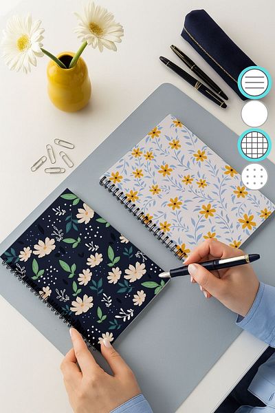 Eldesen Tasarım Checkered and Striped Notebook Set, A5 Size 50 Sheets 100 Pages Set of 2, Daisy