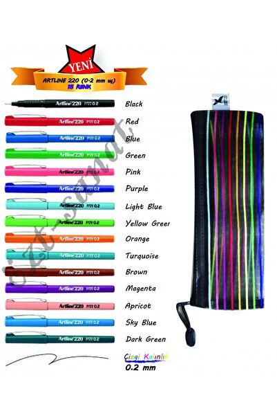 artline 220 Super Fine 0.2mm Keçe Uçlu Kalem 15 Renk Set + File Dosya Kalem Kutu