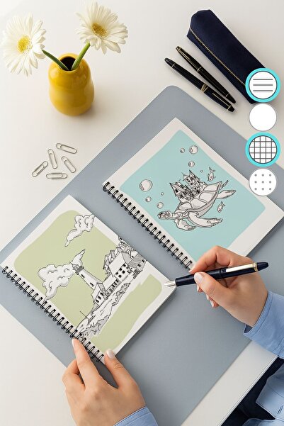 Eldesen Tasarım مجموعة دفاتر ملاحظات مربعة ومخططة، مقاس A5، 50 ورقة، 100 صفحة، مجموعة من قطعتين، سلحفاة