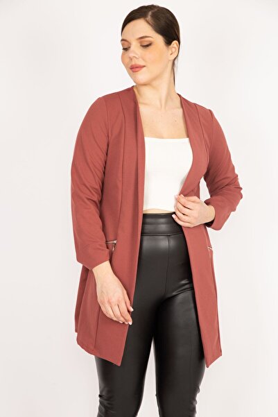 Şans Women's Dried Rose Large Size Ornamental Zipper Pocket Unlined Jacket 65n36071