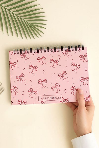 Eldesen Tasarım Weekly Planner A5 Notebook with Flexible Thin Cardboard Cover, 1 Year Planner, Pink Bow
