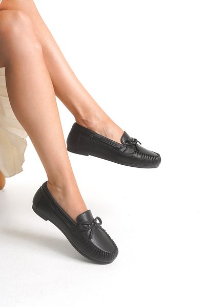 Ayakkabı Delisiyim Women's Ballerina Black Leather – Light, Bow Accessory, Orthopedic Sole, Comfortable, Mary, Casual Shoes