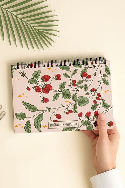 Eldesen Tasarım Weekly Planner A5 Notebook with Flexible Thin Cardboard Cover, 1 Year Planner, Pink Strawberry
