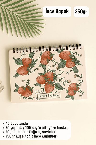 Eldesen Tasarım Weekly Planner A5 Notebook with Flexible Thin Cardboard Cover, 1 Year Planner, Strawberry