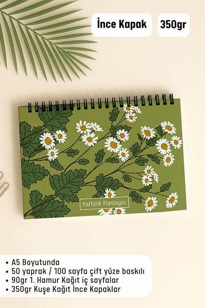 Eldesen Tasarım Weekly Planner A5 Notebook with Flexible Thin Cardboard Cover, 1 Year Planner, Green Daisy