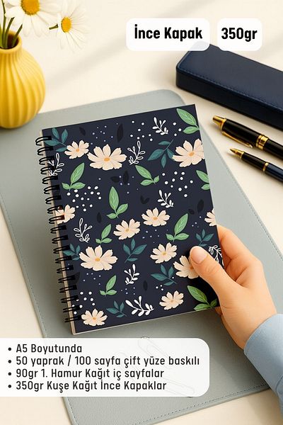 Eldesen Tasarım Checkered and Striped Notebook Set, A5 Size 50 Sheets 100 Pages Set of 2, Daisy
