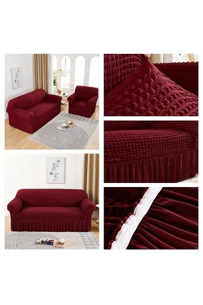 uygarhome Bürümcük Elastic Sofa Cover Lycra Sofa Cover Single 3-Piece/ Sofa Bed Cover Claret Red
