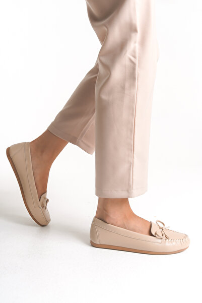 Ayakkabı Delisiyim Μπεζ δερμάτινα γυναικεία φλατ παπούτσια – Ορθοπεδικά, ελαφριά, άνετα, με αξεσουάρ φιόγκου, θερμοκήπιο, καθημερινά παπούτσια
