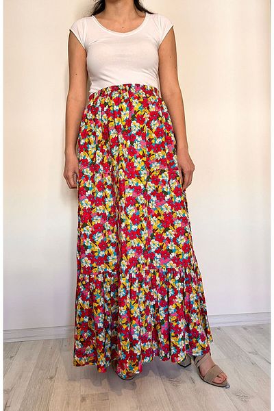 520CK Pink Floral Patterned Viscose Long Skirt - Hijab Skirt