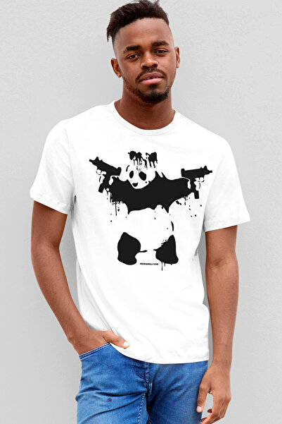 ROCKANDROLL Tricou alb cu mânecă scurtă Panda cu Uzi Gun