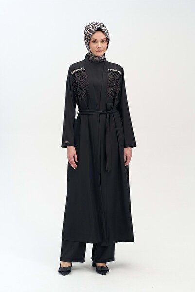 Setrms 25Y27059 ÜÇLÜ TAKIM ABAYA İÇLİK PANTOLON GÜÜPÜR DETAYLI SİYAH