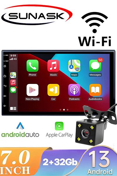 SUNASK Sn-7002a 7 بوصة Carplay Android Auto Tray - 2 جيجا بايت رام، 32 جيجا بايت ذاكرة، واي فاي، ويوتيوب جوجل
