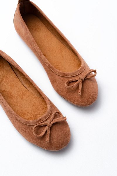 serkanseyyid 6101 Tan Suede Bow Daily Γυναικείες Μπαλαρίνες